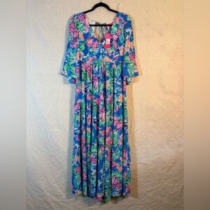 Lilly Pulitzer Rease Maxi Dress Pundy Blue Floral V-Neck Butterfly Sz 6